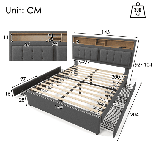Cama de adulto estofada com 4 gavetas e porta de carregamento USB - 140x200cm - Tecido de linho - Cinzento
