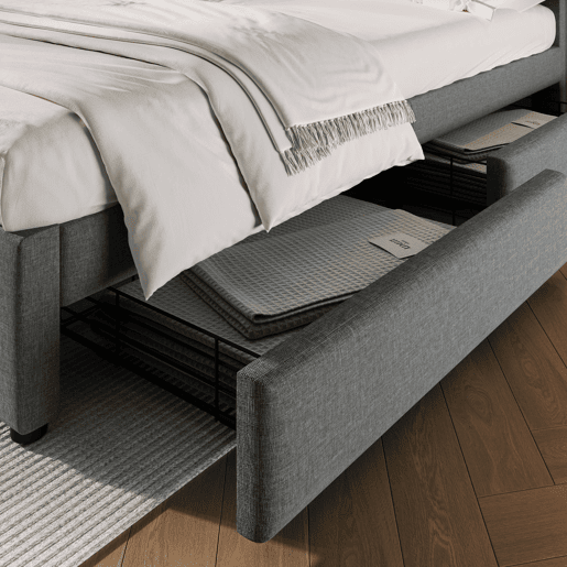 Cama de adulto estofada com 4 gavetas e porta de carregamento USB - 140x200cm - Tecido de linho - Cinzento