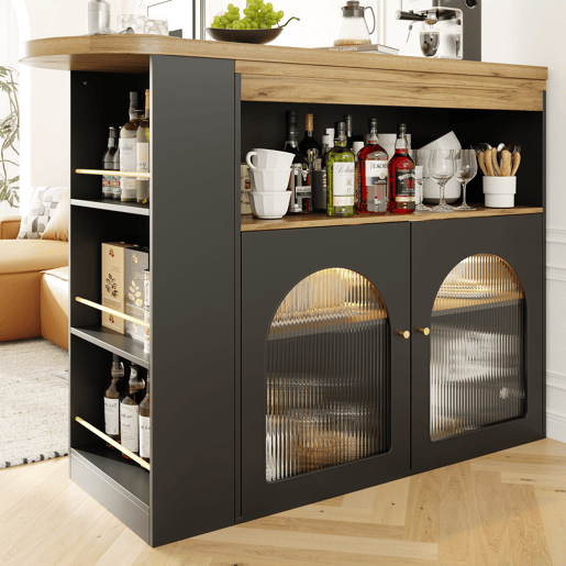 Aparador, armário de bar giratório e retrátil com LED - grande espaço de arrumação - estilo contemporâneo - Preto