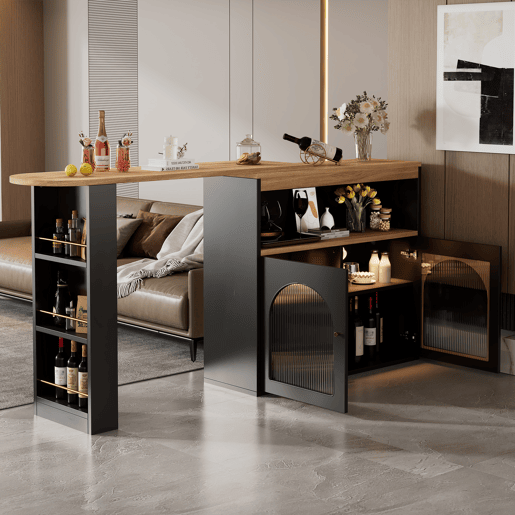 Aparador, armário de bar giratório e retrátil com LED - grande espaço de arrumação - estilo contemporâneo - Preto
