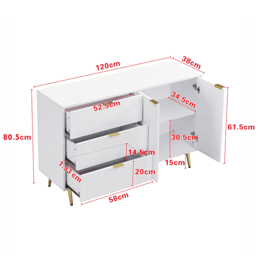 Aparador moderno - 2 portas e 3 gavetas - Branco