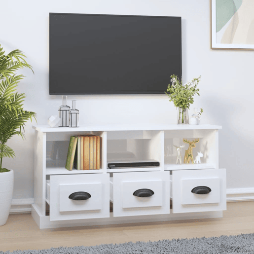 Móvel p TV, Armário de TV 100x35x50 cm derivados de madeira branco brilhante