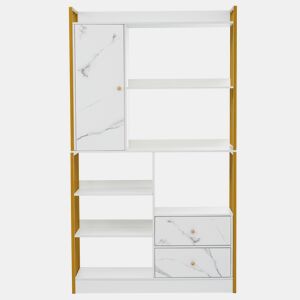 Estante com 5 prateleiras, 1 porta e 2 gavetas - Estilo industrial - Branco e dourado