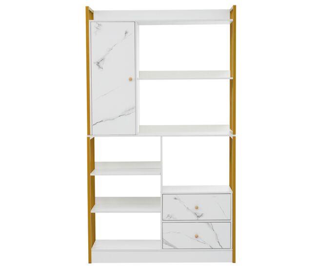Librería con 5 estantes, 1 puerta y 2 cajones - estilo industrial - blanco y dorado