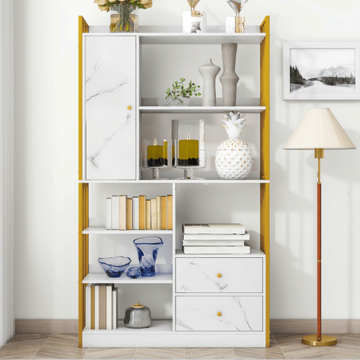Estante com 5 prateleiras, 1 porta e 2 gavetas - Estilo industrial - Branco e dourado