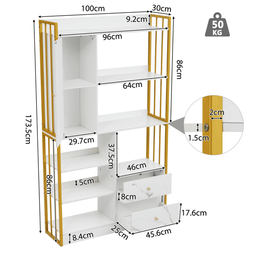 Estante com 5 prateleiras, 1 porta e 2 gavetas - Estilo industrial - Branco e dourado