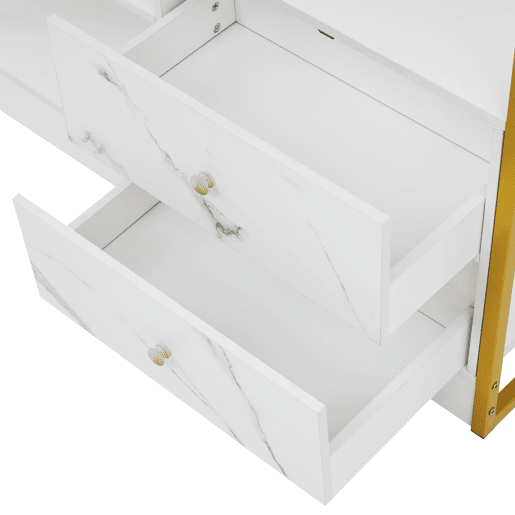 Estante com 5 prateleiras, 1 porta e 2 gavetas - Estilo industrial - Branco e dourado