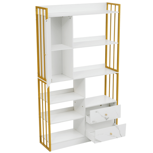 Estante com 5 prateleiras, 1 porta e 2 gavetas - Estilo industrial - Branco e dourado