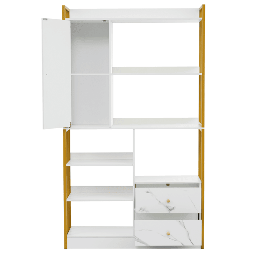 Estante com 5 prateleiras, 1 porta e 2 gavetas - Estilo industrial - Branco e dourado