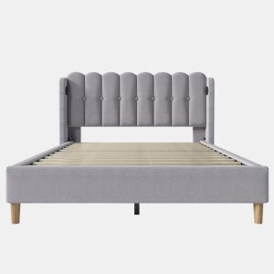 Cama estofada em linho 160x200 cm - com portas de carga e estrado - Cinzento
