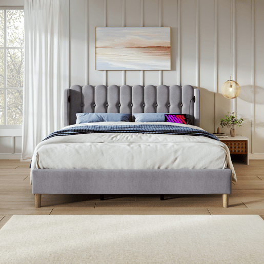Cama estofada em linho 160x200 cm - com portas de carga e estrado - Cinzento