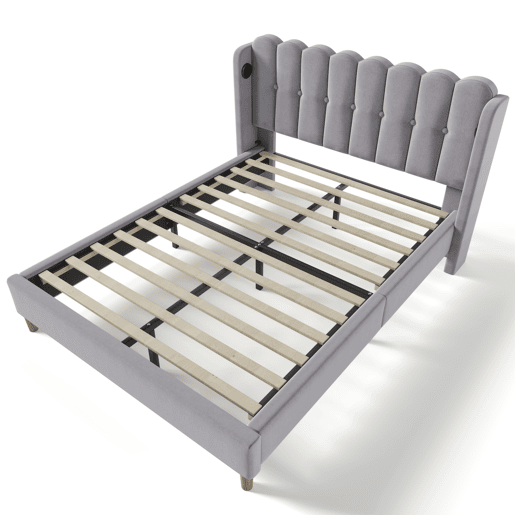 Cama estofada em linho 160x200 cm - com portas de carga e estrado - Cinzento