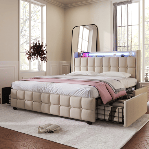 Cama estofada 140x200 cm em linho - com LED e portas de carregamento USB - 2 gavetas - Bege
