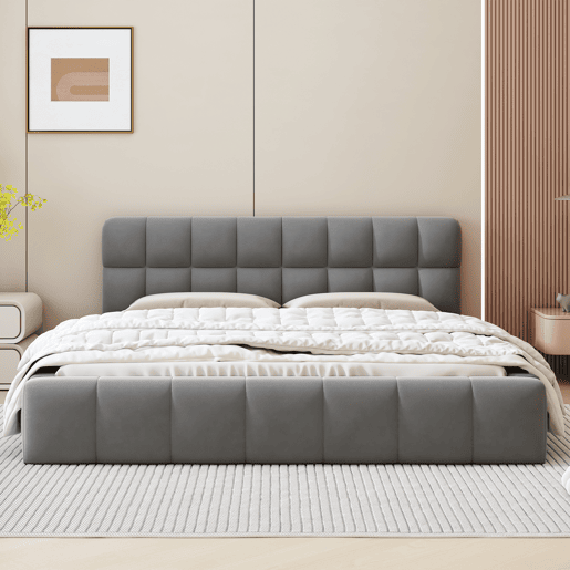 Cama de casal estofada 140x190cm - com encosto macio - Tecido de linho - Cinzento