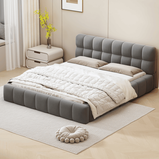 Cama de casal estofada 140x190cm - com encosto macio - Tecido de linho - Cinzento