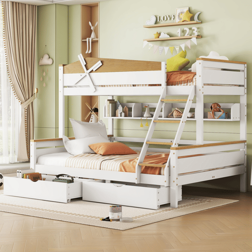 Beliche 90x200cm e 140x200cm - com escada, prateleiras e 2 gavetas - madeira de pinho e MDF - Branco