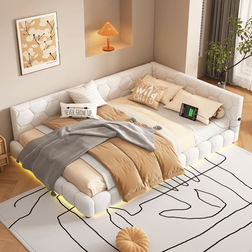 Cama tipo sofá-cama 140x200 - Sofá-cama com luz ambiente, USB, Tipo-C, material confortável - Branco