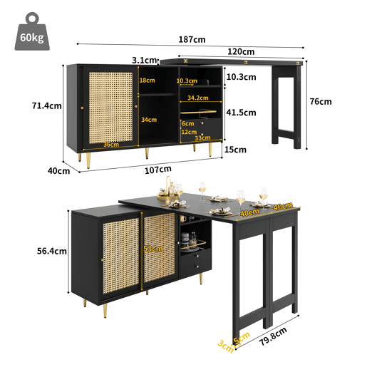 Armário buffet, barra giratória extensível - MDF - Com várias arrumações - Preto