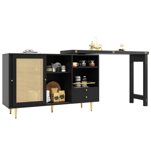 Armário buffet, barra giratória extensível - MDF - Com várias arrumações - Preto