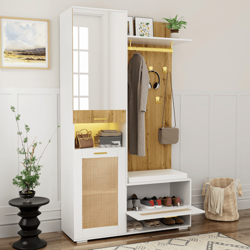 Roupeiro 110x38x190 cm com LED - com espelho + 5 ganchos + sapateira - Natural & Branco