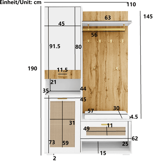 Roupeiro 110x38x190 cm com LED - com espelho + 5 ganchos + sapateira - Natural & Branco