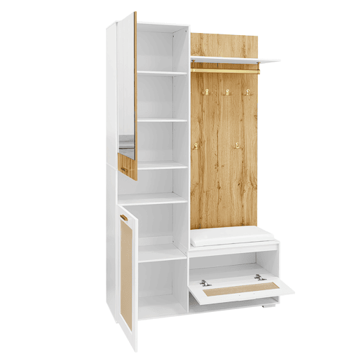 Roupeiro 110x38x190 cm com LED - com espelho + 5 ganchos + sapateira - Natural & Branco
