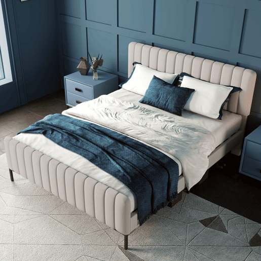 Cama de adulto estofada em tecido de linho - 140x200 cm - com cabeceira regulável e estrado de ripas - Cinzento claro