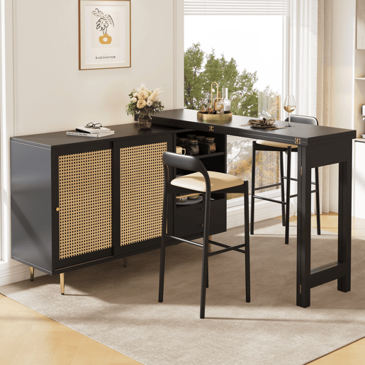Armário buffet, barra giratória extensível - MDF - Com várias arrumações - Preto