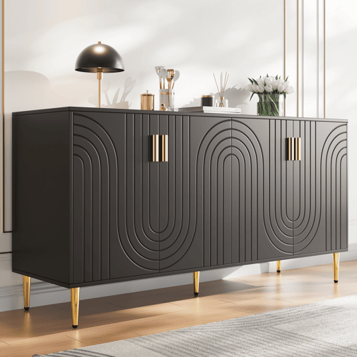 Aparador moderno - 4 portas com padrão ondulado - em MDF - Preto
