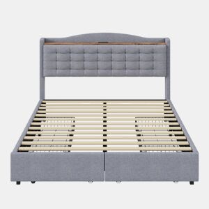 Cama de linho para adultos 140x200 cm - com tomada USB e 4 gavetas - estrado de ripas - Cinzento claro