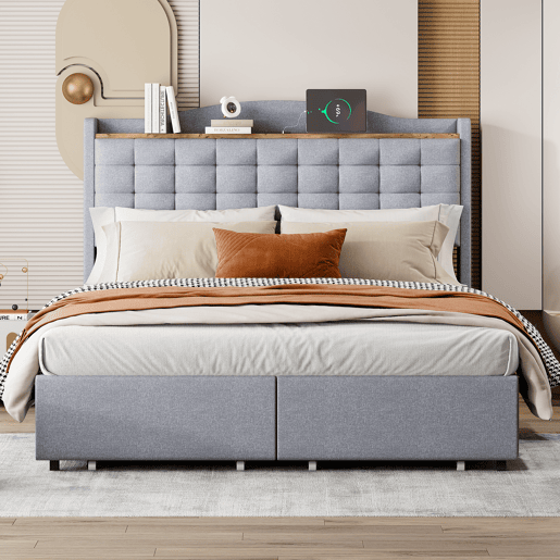 Cama de linho para adultos 140x200 cm - com tomada USB e 4 gavetas - estrado de ripas - Cinzento claro