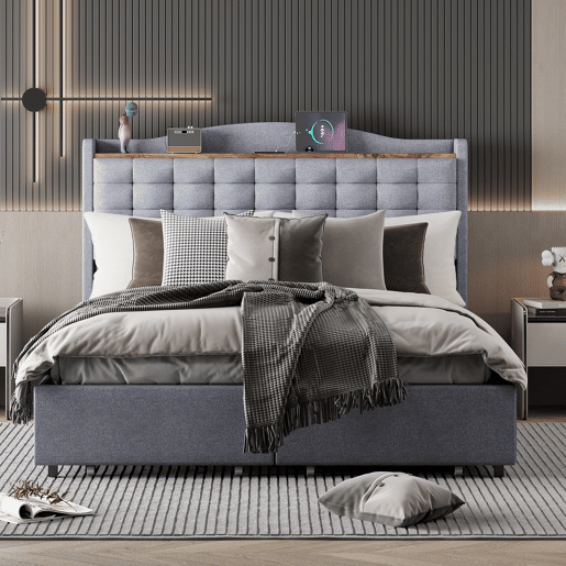 Cama de linho para adultos 140x200 cm - com tomada USB e 4 gavetas - estrado de ripas - Cinzento claro