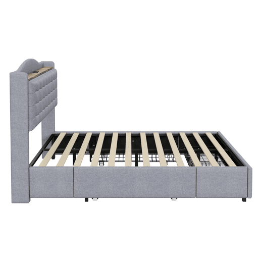 Cama de linho para adultos 140x200 cm - com tomada USB e 4 gavetas - estrado de ripas - Cinzento claro