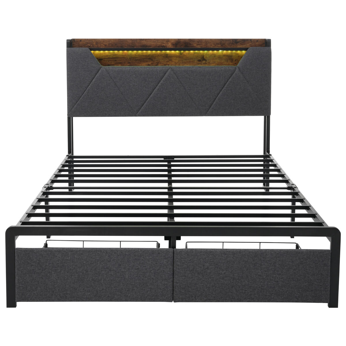 Cama con cajón 140x200cm tapizada en tela de lino - con led y puertos de carga - gris
