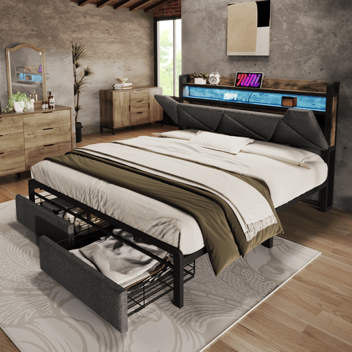 Cama com gaveta 140x200cm estofada em tecido de linho - com LED e portas de carregamento - Cinzento