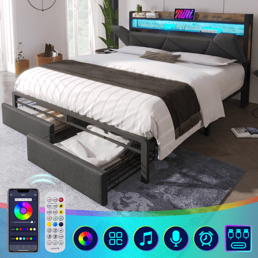 Cama com gaveta 140x200cm estofada em tecido de linho - com LED e portas de carregamento - Cinzento