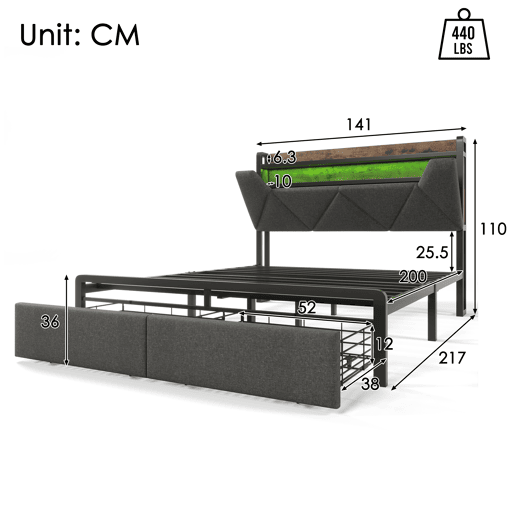 Cama com gaveta 140x200cm estofada em tecido de linho - com LED e portas de carregamento - Cinzento