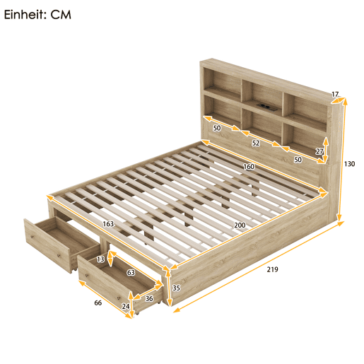 Cama de madeira maciça 160x200 cm com gavetas e cabeceira com arrumação - com estrado de ripas - Natural
