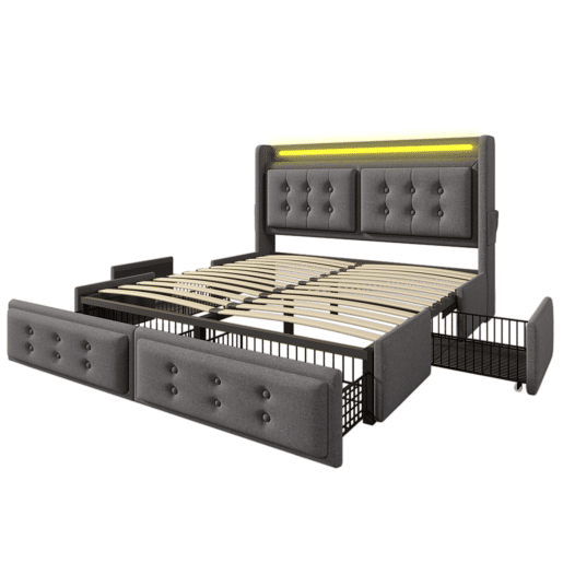 Cama de adulto 140x200cm em tecido de linho - com LED e portas de carregamento - 4 gavetas - Cinzento