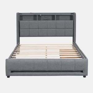 Cama de casal 140x200 cm em tecido de linho - com 2 gavetas + LED + tomada USB - Cinzento