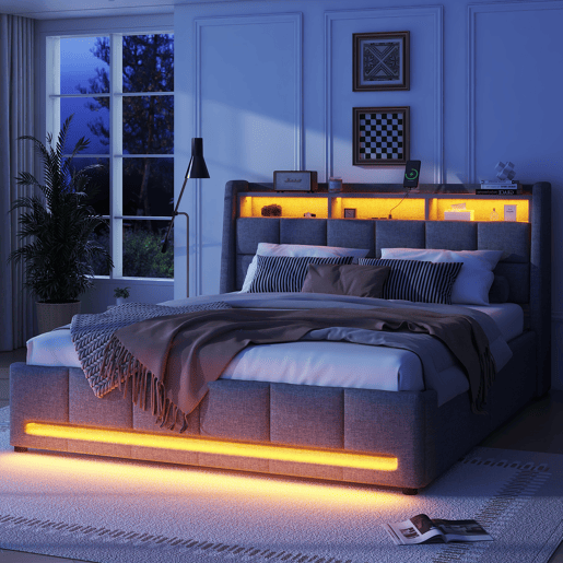 Cama de casal 140x200 cm em tecido de linho - com 2 gavetas + LED + tomada USB - Cinzento