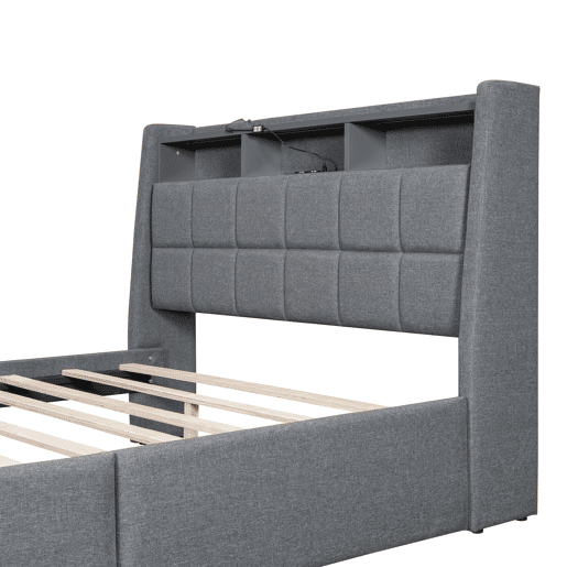 Cama de casal 140x200 cm em tecido de linho - com 2 gavetas + LED + tomada USB - Cinzento