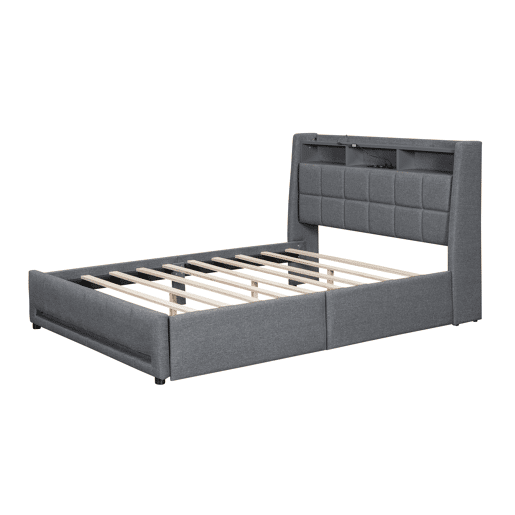 Cama de casal 140x200 cm em tecido de linho - com 2 gavetas + LED + tomada USB - Cinzento