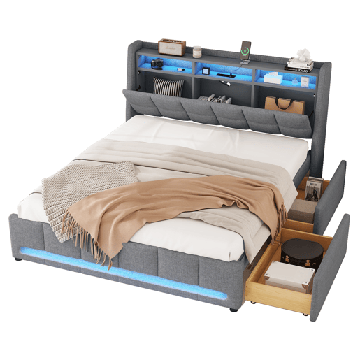 Cama de casal 140x200 cm em tecido de linho - com 2 gavetas + LED + tomada USB - Cinzento