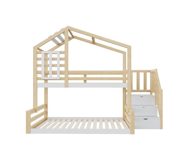 Cama superpuesta 90x200cm + 140x200cm madera maciza - con barreras y escalera almacenaje - blanco y natural