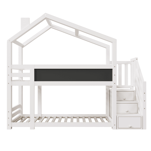 Cabine de beliche 90x200 cm de madeira maciça - com escada de arrumação(2 gavetas) e ardósia - Branco
