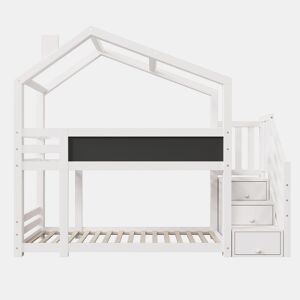 Cabine de beliche 90x200 cm de madeira maciça - com escada de arrumação(2 gavetas) e ardósia - Branco