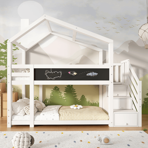 Cabine de beliche 90x200 cm de madeira maciça - com escada de arrumação(2 gavetas) e ardósia - Branco