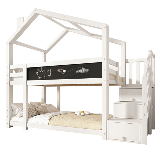 Cabine de beliche 90x200 cm de madeira maciça - com escada de arrumação(2 gavetas) e ardósia - Branco
