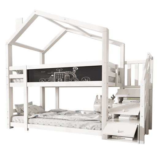 Cabine de beliche 90x200 cm de madeira maciça - com escada de arrumação(2 gavetas) e ardósia - Branco